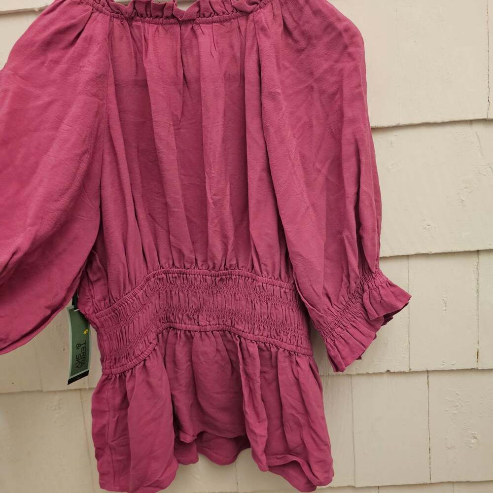 Terra & Sky Women's 0X 14W Pink Smocked Peplum Blouse Puff Sleeve Boho NWT - Picture 9 of 10